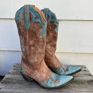 Old Gringo weathered tan and Robbins egg blue overlay point toe cowgirl boots 7B